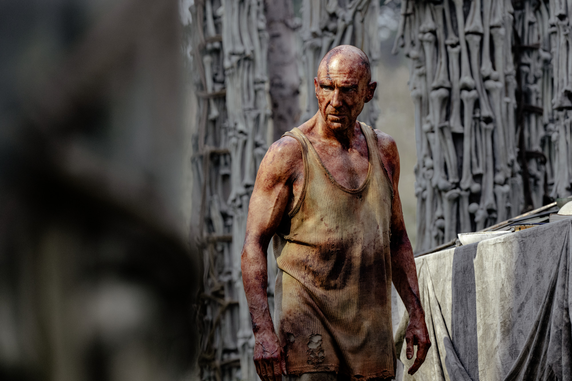 Ralph Fiennes frente a una columna de huesos.